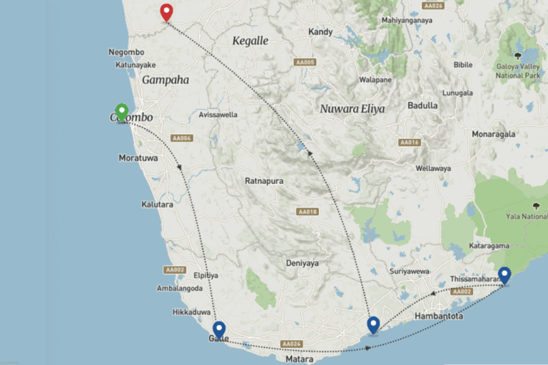 Sri Lanka's South Coast Itinerary Map